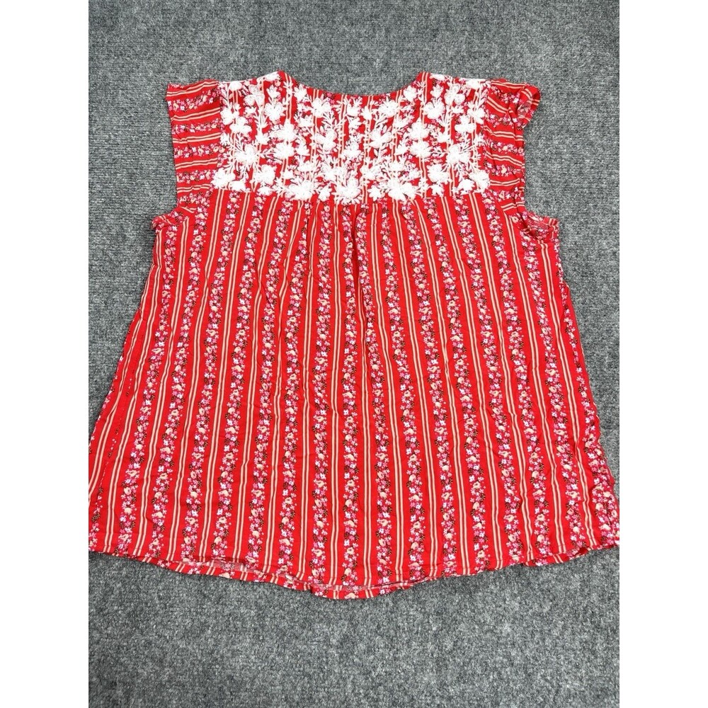 Savannah Jane Top Size Large Red Embroidered Floral Striped Flutter Sleeve - Picture 2 of 8
